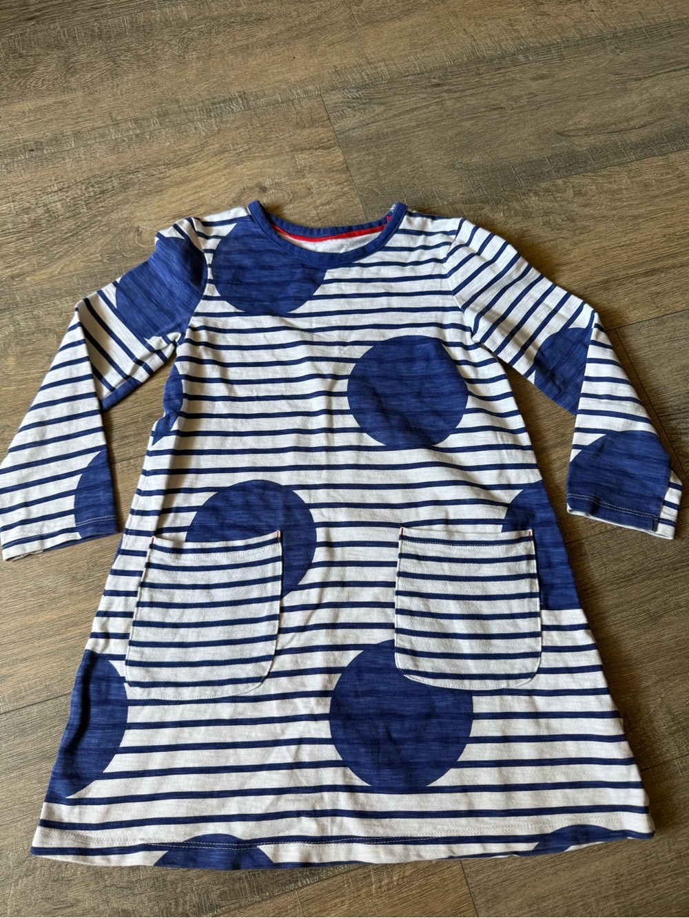 Mini Boden white blue polka dot striped dress size 7-8 years